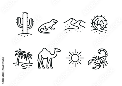 Desert and wildlife outline icons set – camel, cactus and nature symbols