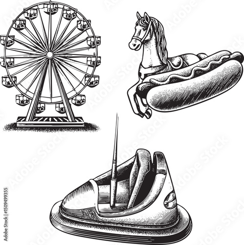detailed black and white depicts a whimsical carousel horse a Ferris wheel and a buoyant shoe.