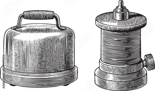 Two vintage metal canisters stand side-by-side showcasing detailed engraving.