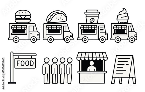 Food truck outline icons set – catering, street food and mobile dining symbols
