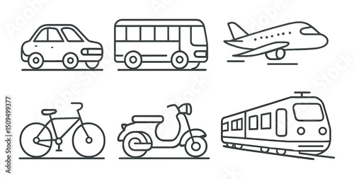 Transport linear icons set – outline, vehicle and transit design symbols