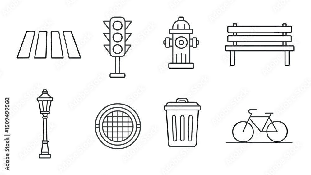 Urban and street linear icons set – outline, cityscape and public infrastructure symbols