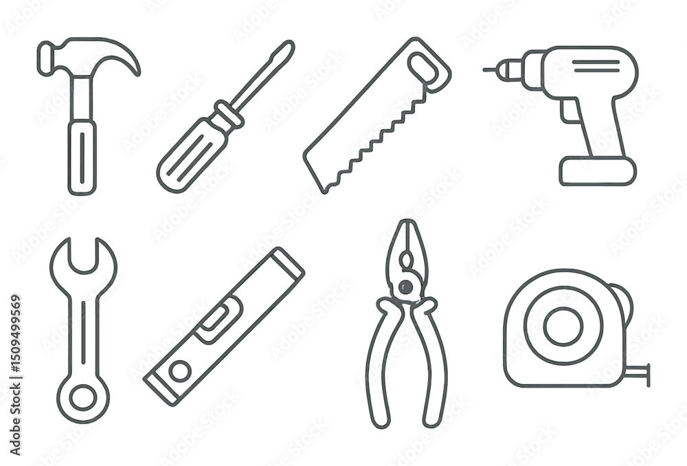 Fototapeta premium Construction tools linear icons set - outline, handyman and repair tools symbols