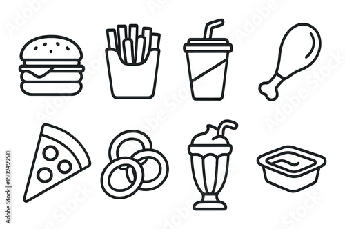 Fast food linear icons set – outline, meal, and snack symbols for quick-service dining