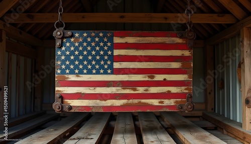 American flag hanging inside rustic wooden attic