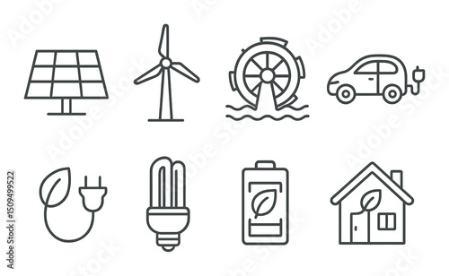 Sustainable energy outline icons set – eco-friendly, renewable power elements