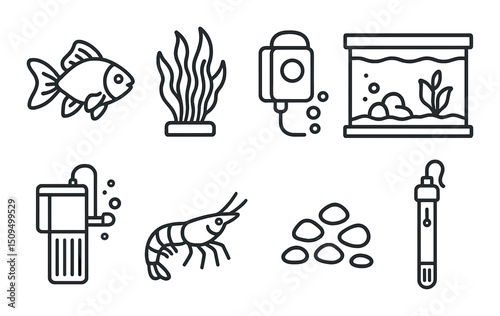 Aquarium and marine life silhouette icons set – aquatic, fish and sea symbols