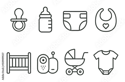 Baby essentials outline icons set – nursery, infant, newborn care symbols