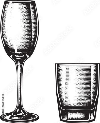 tall champagne flute and a short tumbler glass are displayed side-by-side.