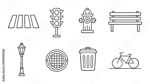 Urban and street linear icons set – outline, cityscape and public infrastructure symbols
