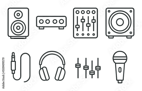 Sound equipment linear icons set – audio, music gear, outline design elements