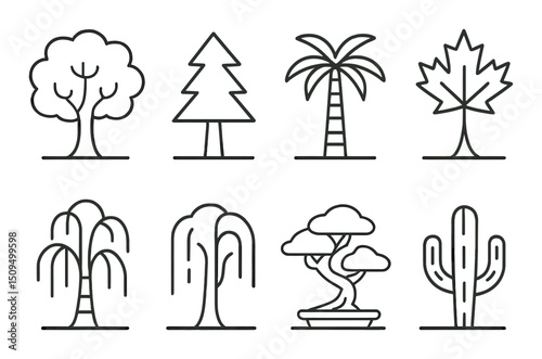 Tree icons set – linear, nature and botanical symbols for creative design projects