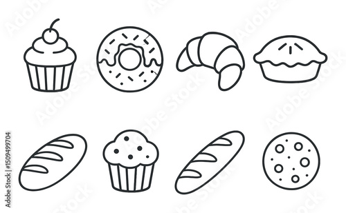 Bakery and pastry outline icons set – silhouette, dessert and bread symbols