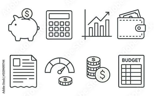 Personal finance outline icons set – budgeting, money management and accounting symbols
