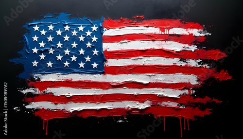 Painted tattered American flag with artistic drips