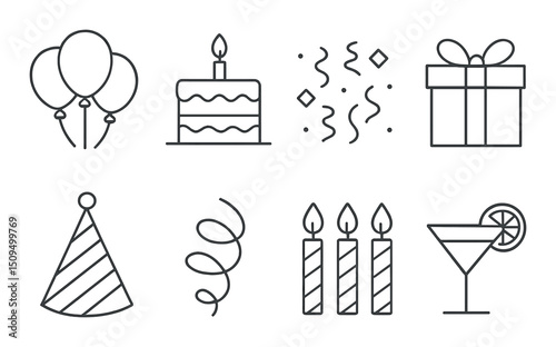 Party celebration linear icons set – outline, festive and event symbols