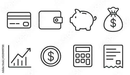 Financial services outline icons set – simple, banking and money management symbols