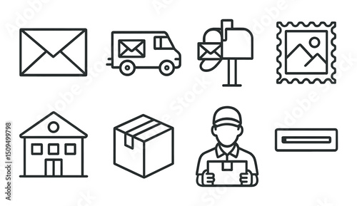Mail delivery outline icons set – postal, shipping and courier service symbols