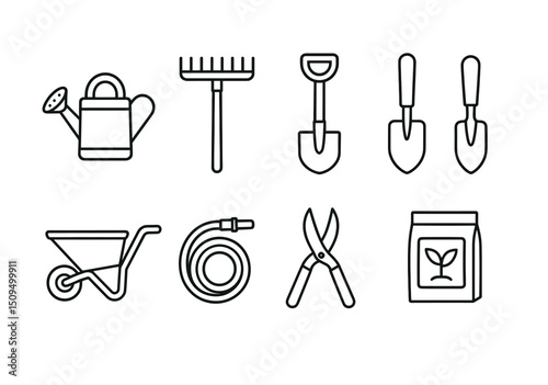 Gardening tools outline icons set – simple, horticulture and farming symbols