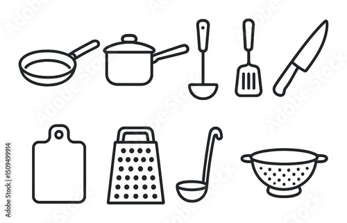 Kitchen linear icons set – outline, cooking and utensil tools for culinary design