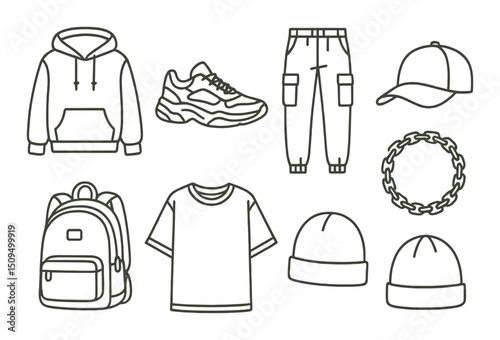 Streetwear linear icons set – outline, fashion, urban style symbols