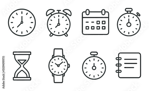 Time and date linear icons set – clocks, calendars and scheduling symbols