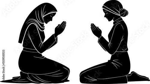 Two Women Praying Silhouette, Spiritual Connection and Devotion in Faith