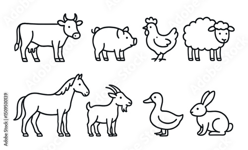 Farm animal icons set – simple outline, agriculture and livestock symbols