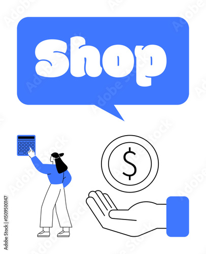 Woman calculating with handheld device, large Shop text bubble, hand holding dollar symbol coin. Ideal for finance, e-commerce, budgeting, sales, retail, online shopping simple landing page