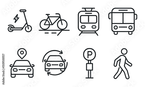 Urban mobility outline icons set – transportation, travel, commuting graphics
