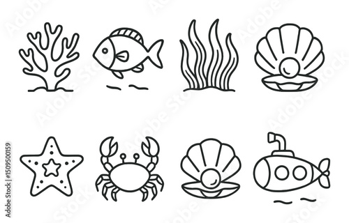 Underwater adventure outline icons set – sea life, marine, and aquatic graphic symbols