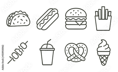 Street food outline icons set – silhouette, snack and fast food design elements