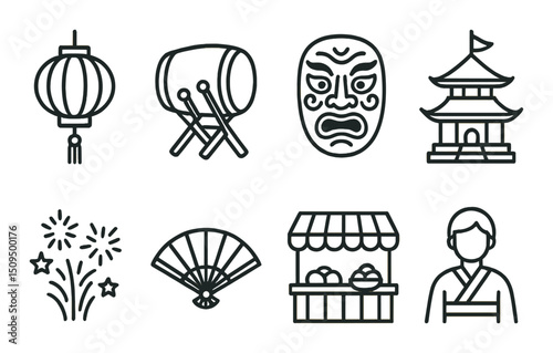 Cultural festival outline icons set – traditional, celebration, and event symbols