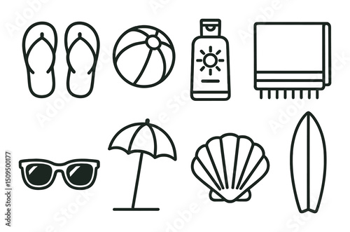 Beach essentials icons set – outline style, summer and vacation graphics