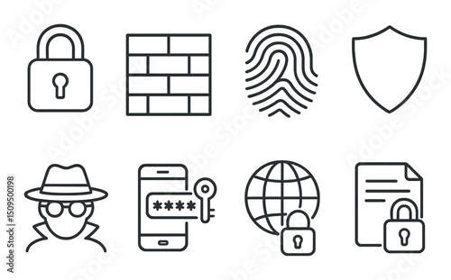 Digital security outline icons set – cyber protection, privacy and safety symbols