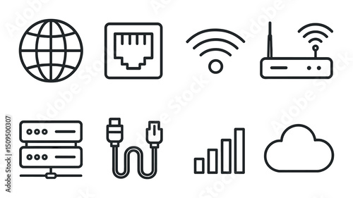 Networking outline icons set – technology, communication and connectivity symbols