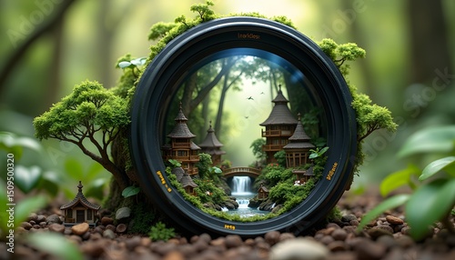 Fantasy village inside a camera lens with moss
