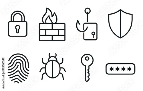 Cybersecurity line icons set – outline, protection, and digital security symbols