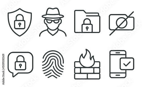 Data privacy outline icons set – secure, protection and cybersecurity symbols