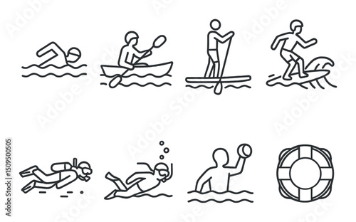 Water activities linear icons set – outline, aquatic and sports symbols collection