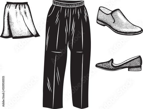 black tailored suit with a skirt and shoes is displayed.
