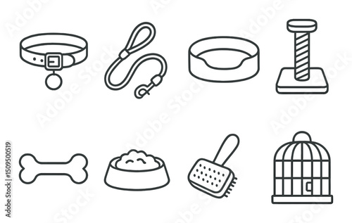 Pet accessories outline icons set – silhouette, animal care and supplies symbols