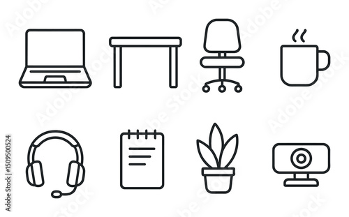 Minimal home office icons set – outline, workspace and productivity symbols