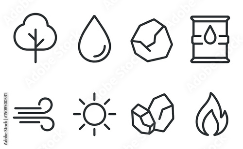 Natural resource linear icons set – outline, environmental and ecological symbols