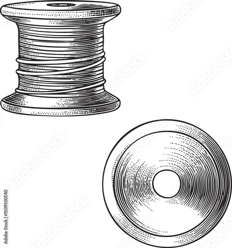 wooden spool holds a coil of thread.