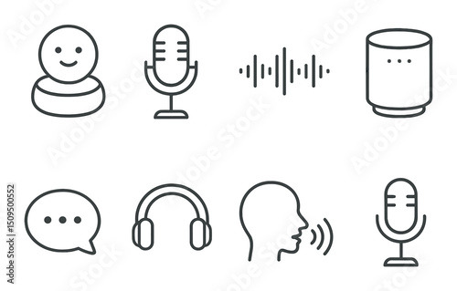 Voice technology line icons set – outline, audio and communication symbols