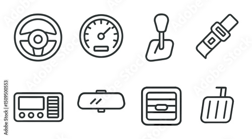 Car interior outline icons set – dashboard, steering, and vehicle elements