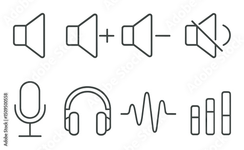 Audio control outline icons set – minimalist, sound management, volume symbols