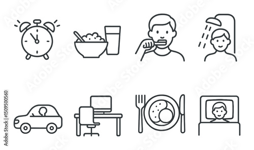 Daily routine outline icons set – silhouette, lifestyle and everyday activity symbols