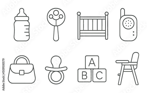 Childcare and parenting outline icons set – essentials, baby care and nursery symbols